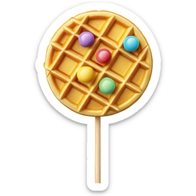 3D rendered Hong Kong egg waffle on stick like lollipop, vibrant golden color with rainbow sprinkles, hyper-realistic bubbled texture, glossy candy finish, fun playful design, detailed textures sticker