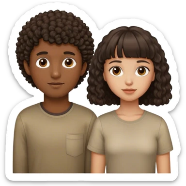 Una pareja. Chica morena rizosa y con flequillo. Chico con camisa moreno pelo marrón oscuro y corto sticker