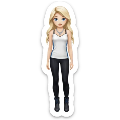 2yk Blonde Beauty model silk balayage long hair herringbone braid women with blue eyes wearing White Spaghetti top and black Leggins and Boots with heels and a Subtle rhinestone necklace  sticker