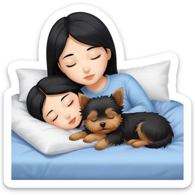 pretty asian girl with black hair sleeping in bed with small yorkshire terrier sticker