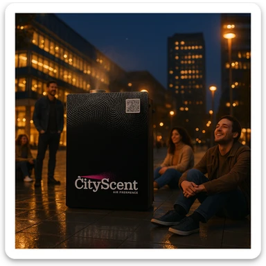 Place this exact CityScent air freshener machine in the middle of a city square at nightfall, with city lights reflecting on the pavement and modern architecture. Show a few people sitting or standing around the machine, looking relaxed and happy, enjoying the scent. The style should be photorealistic, realistic and inviting. sticker