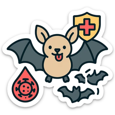 clean and informative icon for Notion representing rabies combat in bats, bat in focus, health symbol like cross or shield, stylized rabies virus or red drop, elements indicating transmission between bats like licking or proximity, highlight color to indicate important information, transparent background sticker