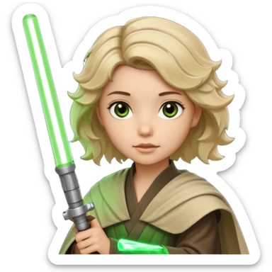 Young jedi with dark brown eyes and sandy blonde wavy short hair holding a green light saber.  sticker