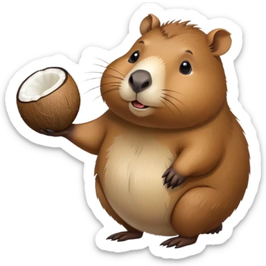 A cute capybara with a round coconut-shaped body, brown and hairy like a coconut sticker