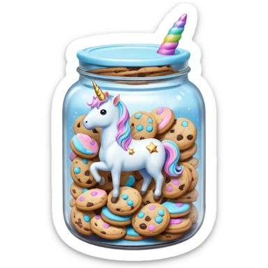 A sparkly pastel chewy chocolate chip unicorn cookie in an organized jar, saying "Cookie Jar" with some small illustrations on the jar to indicate there's cookies stored instead sticker