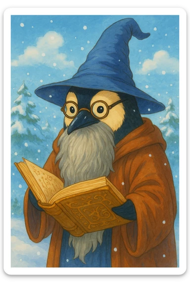 Add a snowy background to the wise penguin wizard with glasses, a long beard, and a spellbook, keeping the fantasy illustration ghibli style. sticker