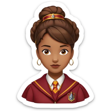 Angelina Johnson in harry potter, wear hogwarts gryfindor uniform,  thick, brown bun hair , reflecting her bold, stylish, and strong personality sticker