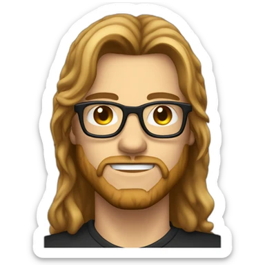 male caucausian designer with long brown hair and black rimmed glasses heavy metal sticker