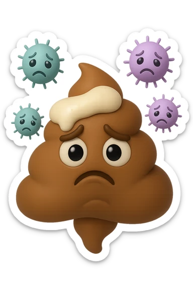 emoji stile iphone 3d di una cacca con muco bianco sopra, dietro cui fluttuano batteri intestinali tristi, iperrealistiche 4k sticker