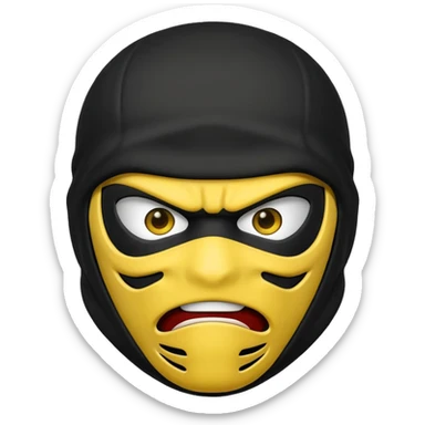 angry ninja face emoji with black ninja mask, no visible skin, classic emoji yellow face sticker