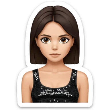 Victoria Beckham with dark brown hair, black sequin crop top sticker