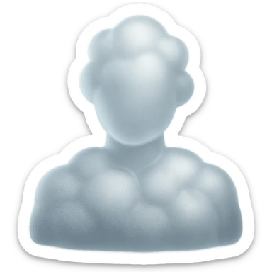 front-facing person composed entirely of white fluffy convex clouds, shoulders visible, matte glass style sticker