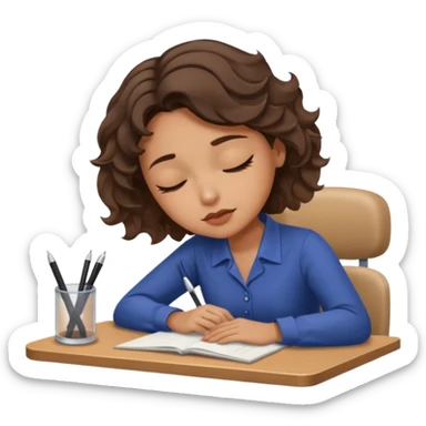 Pretty brown model, brown eyes, soft short wavy hair, falling asleep at desk sticker