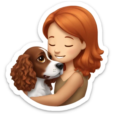A very cute girl with red hair cuddling a happy brown-bright happy Cocker Spaniel that is only one color sticker