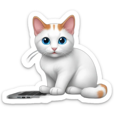 Red Turkish van cat with blue eyes in black hoodie with laptop sticker