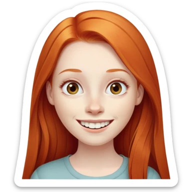 traditional emoji of young girl with very pale skin, long straight bright ginger red hair, elongated oval face, normal-sized human eyes positioned naturally, wide nose, friendly big smile with very large prominent teeth, less intense expression sticker