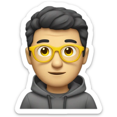 White man with yellow tinted glasses and black hair in a gray jumper and sitting on a chair sticker