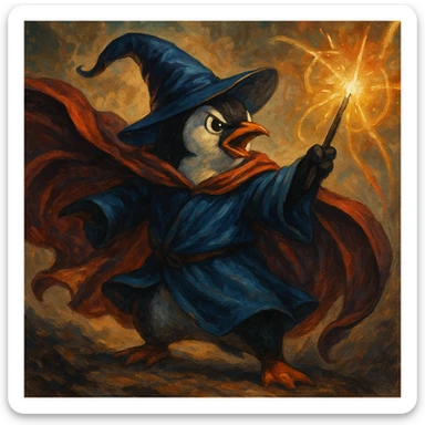 heroic penguin wizard with a flowing cape and glowing wand, dynamic fantasy illustration style sticker