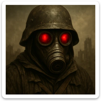 Add a helmet and zoom in on the face of the post apocalyptic soldier wearing a gas mask with red eyes, keep the gritty style, detailed and intense atmosphere. sticker