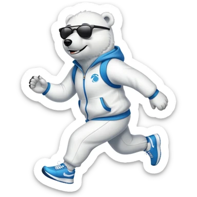 friendly anthropomorphised polar bear jogging upright wearing a tracksuit and sneakers, dark sunglasses sticker