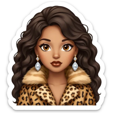 light brown skin tone, very beautiful woman, with big plump lips, long long lashes, black wavy long hair, brown eyes, leopard fur coat, diamond earrings sticker