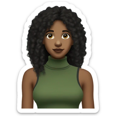 ebony teen with beautiful small brown eyes, and flowing afro Black hair, and she is wearing a casual style baggy loose green cropped regatta sleeveless turtle neck and loose black cargo pants sticker
