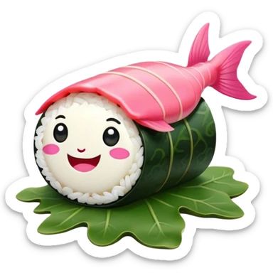 Cute Kawaii Maki Sushi Roll, small and round, wrapped in soft dark green seaweed, tiny grains of rice peeking out, a bright pink fish filling, a cheerful smiling face! sticker
