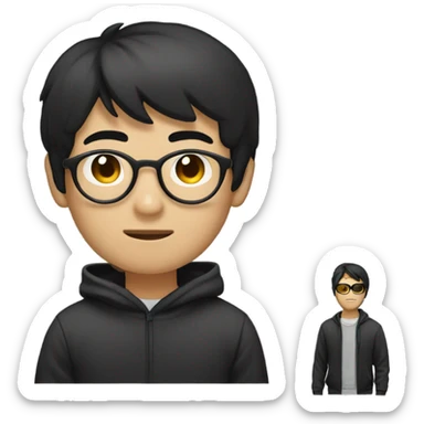 programmer, student, asian, black hair, black eyes, male, round face, black sunglasses, black hoodie sticker