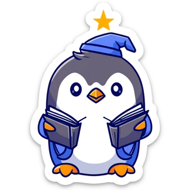 penguin wizard with blue robe and magic book sticker