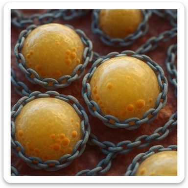 hyper realistic 4K adipocytes in adipose tissue surrounded by chains, cellular details, scientific atmosphere, realistic colors sticker