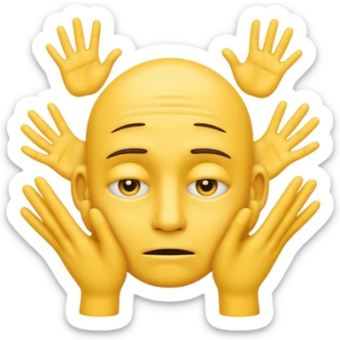 thinking emoji with six hands, yellow face, expressive, looking like he just remembered something he forgot sticker