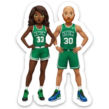 48-year-old dark skin black woman with brown eyes, long dark brown hair dressed in sexy 
celtics jersey costume outfit & stilettos heels. A bald white man with ginger beard. he has blue/green  eyes, wearing a Jason Tatum Boston Celtics Jersey & green Nike sneakers  sticker