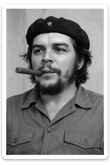 Сгенерируй мне в такой же позе и в такой же одежде Че Гевара и с сигарой в зубах, без надписей и слов sticker