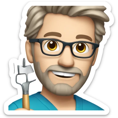 male dark blond haired doctor with grey van dyke beard with hazel eyes and small wire-rimmed glasses in blue scrubs holding a large paintbrush and jigsaw sticker