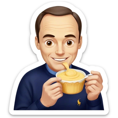 middle aged white man with massive forehead, big thick dark eyebrows, receading hairline and dark combover wearing navy blue ralph lauren jumper and eating millions of custard cremes. bit twinky and also a tory. mischevious grin sticker