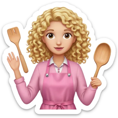 Blonde curly long hair lady with a pink craftenour apron  sticker