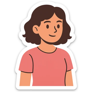 flat-toon style young brunette woman with short wavy hair to shoulders, wearing a pink t-shirt sticker