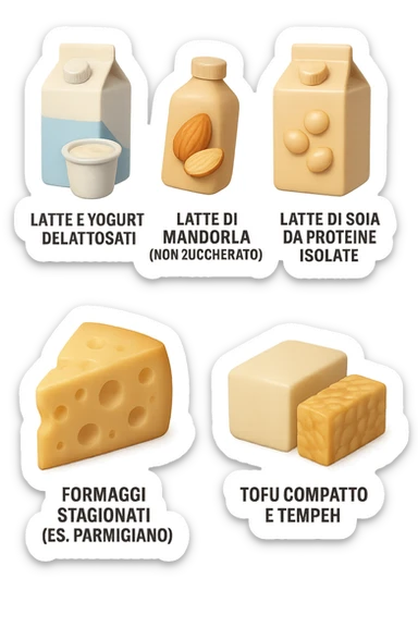 emoji stile iphone 3d di questi elementi che fluttuano in aria:

Latte e yogurt delattosati
Latte di mandorla (non zuccherato)
Latte di soia da proteine isolate
Formaggi stagionati (es. parmigiano)
Tofu compatto e tempeh
 che fluttuano in aria,  le etichette scrivile in italiano, iperealistico 4k sticker
