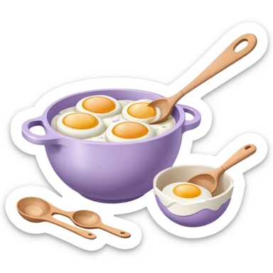 a lilac ceramic mixing bowl with a wooden spoon stirring and sitting next to it is a dozen eggs with the carton lid open sticker