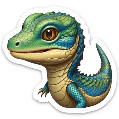 cinematic-realistic-cute-monitor-lizard-portrait-emoji,-head-tilted-playfully-and-inquisitively,-featuring-a-compact,-agile-body-with-finely-detailed,-glossy-scales-in-earthy-olive-hues-and-a-distinct,-alert-face-with-bright,-curious-eyes, blue , brown spotted and green multi coloured  scales sticker