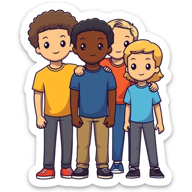Group of diverse friends standing together, including a dark-skinned boy with straight hair, a light-skinned boy with straight blonde hair, a light-skinned girl with straight black hair, a mixed-race girl with straight brown hair, a light-skinned boy with wavy black hair, a mixed-race girl with dark curly hair, and in the center a light-skinned girl with wavy brown hair sticker