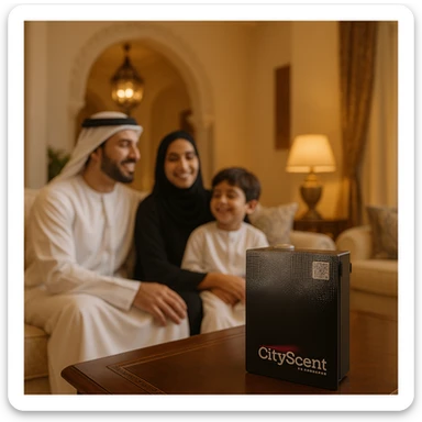 Create a vertical (portrait, 9:16 aspect ratio) Instagram Story–style image showing the CityScent air freshener machine on a table in a lavish home. Include a family in traditional Arabic clothing looking comfortable and happy, enjoying the scent. The style is realistic, luxurious, and suitable for social media stories. sticker