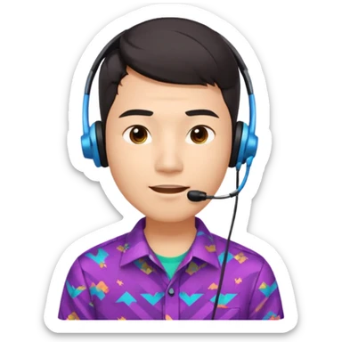 A young Asian man with smooth light skin, dark hair that swoops upward in the front, expressive eyes, a clean-shaven face, and a call-center style headset over one ear, flamboyent  sticker