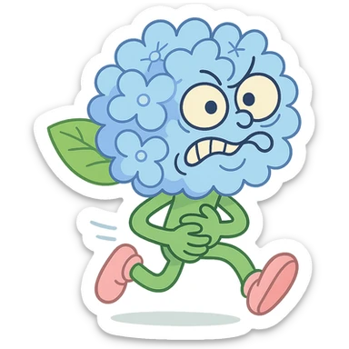 sky blue hydrangea flower with a twisted face and bulging eyes, holding its belly in a desperate toilet run, soft pastel shades, pastel-toon style sticker