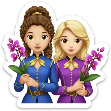 3 female musketeers, one with dark brown curly hair, one with straight blond hair, one eith blond hair on pony tail, all holding orchids sticker
