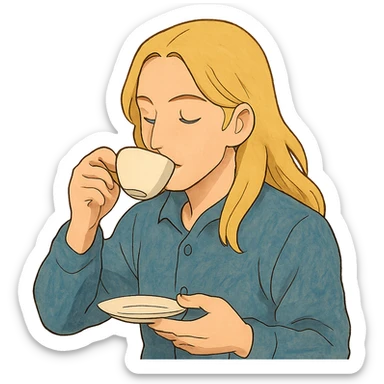 ghibli style emote of a long blonde male sipping tea, no background sticker