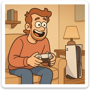 cartoon style man playing PlayStation 5 console, joyful facial expression, gamepad in hands, cozy home atmosphere sticker