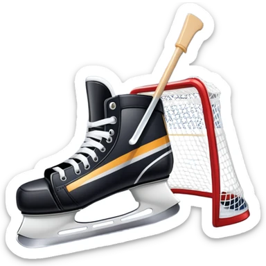 An icon showing a close-up of a hockey stick, puck, skates, and hockey net placed on the ice. The background features a packed stadium with bright lights, cheering fans, and snowy scenery outside. Transparent background highlights the key elements of the game. sticker