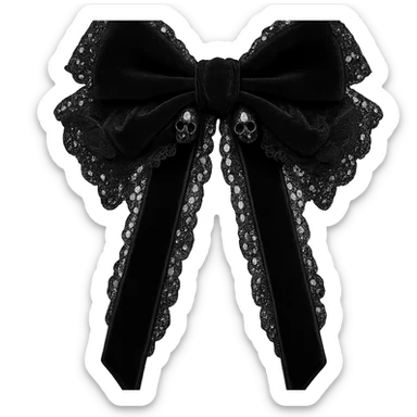 Edit the image to depict a black gothic bow with lace details, dark black accents, tiny skull charms, and black velvet ribbons. The background should be removed. Maintain a gothic style with intricate lace and velvet textures, emphasizing the dark and elegant aesthetic. sticker