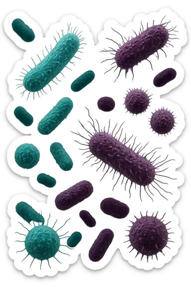 5 BATTERI BUONI E 5 BATTERI CATTIVI FLUTTUANO IN ARIA, I BATTERI BUONI FALLI TURCHESI, I BATTERI CATTIVI FALLI VIOLA, IPERREALISTICO 4K, NON DISEGNATO sticker